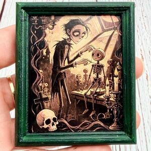 Gothic Miniature Framed Magnet Upcycled Wood Dark Whimsical Art Skeleton Skull